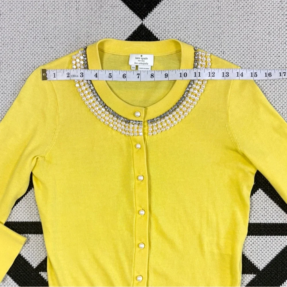 Kate Spade Tula Beaded Pearl & Rhinestone Cardigan in Lemon Yellow XS